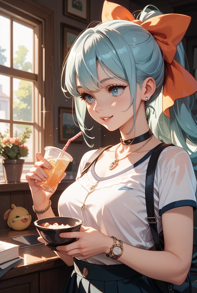 Girl drinking green drink with ice cream and red cherry on top in cafe decorated with flowers, Light blue long hair、Beautiful girl with twin tails、Bright smile、cream soda、Cute realistic portrait, Cute girl anime visuals, Soda themed girl, Cute Anime Girl,With a straw, Splash art anime