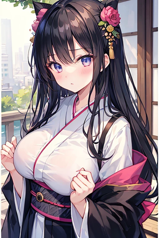 (((masterpiece, best quality))), (((superior quality))), cute girl, ((extremely detailed girl)), (huge breasts), (yukata), (bare shoulders), strapless top, slight smile