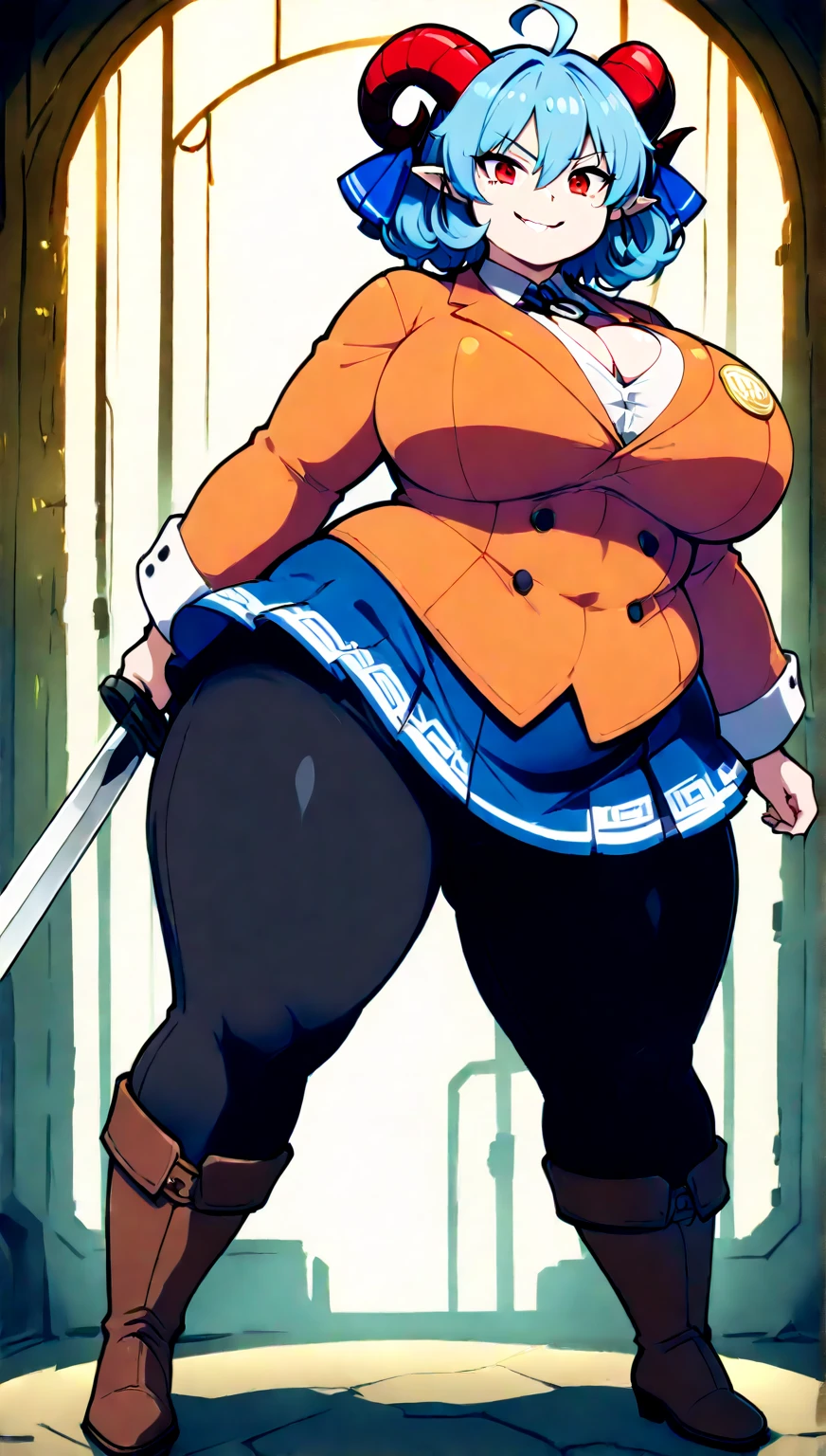 Young girl, Pullover, blue high cut leotard, whole body to see, open mouth, angry, scream, pigtails hair , (( very wide hips)), (((colossal Thighs, gigantic thighs, very huge thighs, very big thighs))), fullbody, platform heels, pale skin, freckles, big breast, gun, soldier girl , black hair, blue stockings, standing, front pose, redhead,