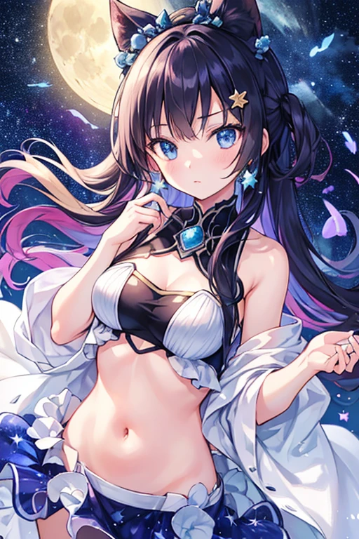Outrageous resolution、Highres、(master masterpiece:1.4)、Super Detailed、Seen from above、Cosmo、floating、Anime girl in dress with stars on background, an anime drawing inspired by Li Chevalier, trending on pixiv, fantastic realism, best anime 4k konachan wallpaper, girls frontline universe, detalhes finos. Girls Frontline, From Girls Frontline, from Azure Lane video game, girls frontline style, girls frontline cg, starry sky!!, detailed key anime art