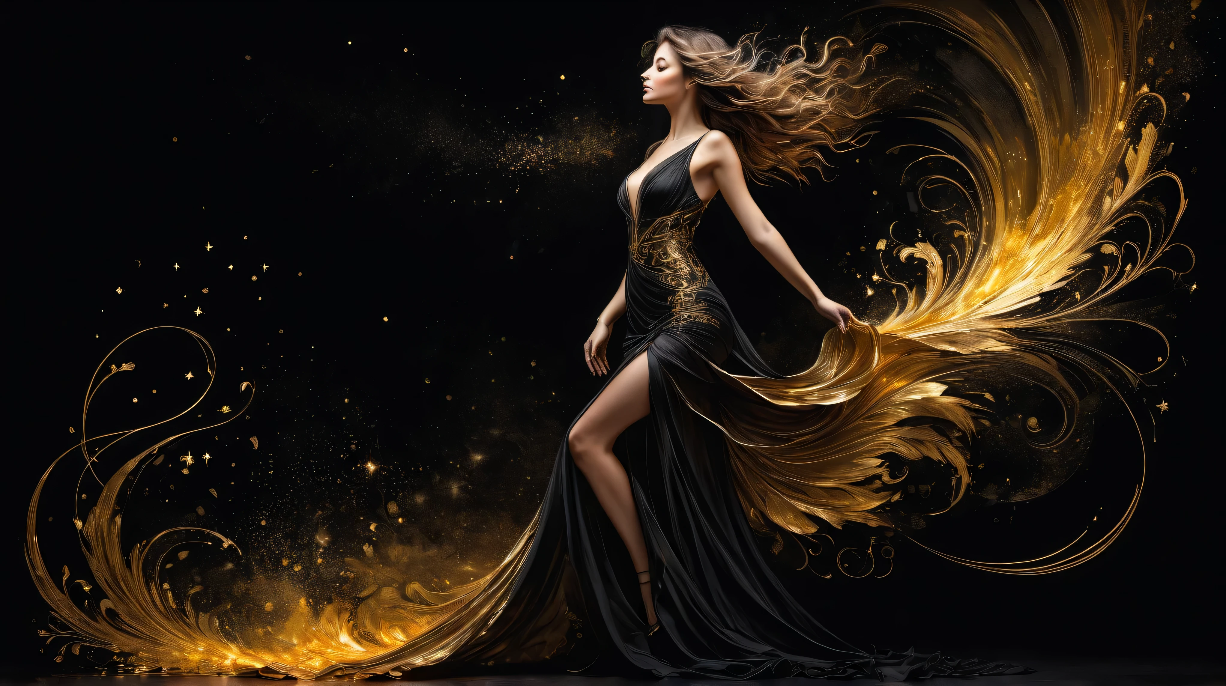Poster, Full body, Shadow art, red outline drawing on a dark black background, red light from behind, Red outline silhouette, flowing hair, "(silhouette of a beautiful (young) woman), ideal physique, slender graceful forms, charming modesty , (shy) perfection in [stylish] bodycon black silk dress, 8k resolution, full body" Side View, Shadows, Mysterious, style of Jean Baptiste Monge, Thomas Kinkade, David Palumbo, Carne Griffiths.
golden patterns, golden and black spirit, liquid gold explosion, golden smoke magic, star dust, golden milky way, black background, magic fog, alcohol ink,