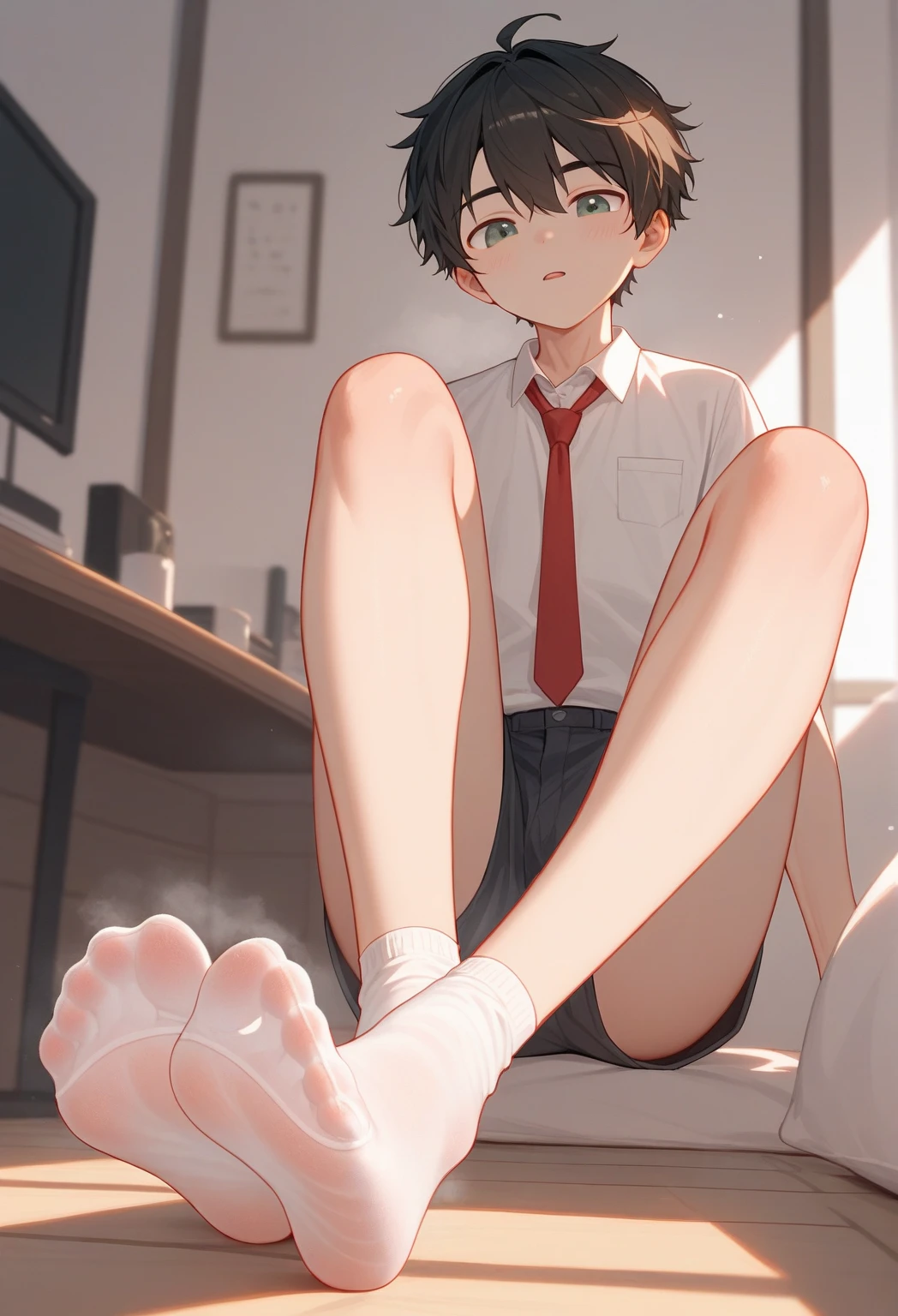 Boy White socks Soles of feet Feather scratching the heart of the foot