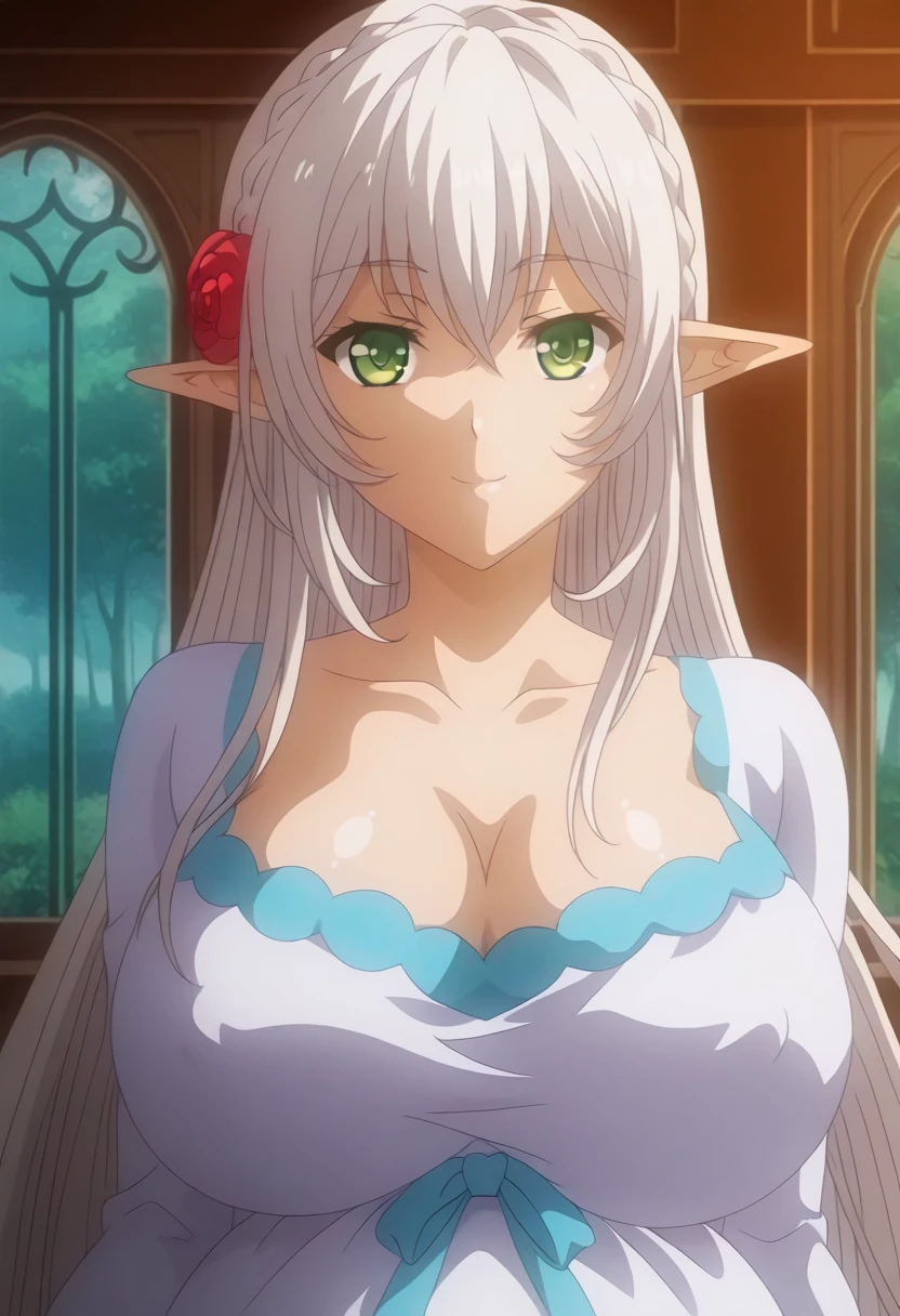 anime art style, 2d, masterpiece, best quality, very aesthetic, absurdres, dynamic shadows, atmosferic, frieren, (1girl), (grey hair), long hair, twintails, pointy ears, green eyes, eyeslashes, detailed eyes, ahoge, bangs, medium breasts, makeup, intense blush, sexy smile, sweat, white dress, belt, choker, strapless, off shoulder, short sleeves, (cowboy shot), (hands pushing breasts up), looking at viewer, from below, standing, wooden wall, window, clouds, sky, city