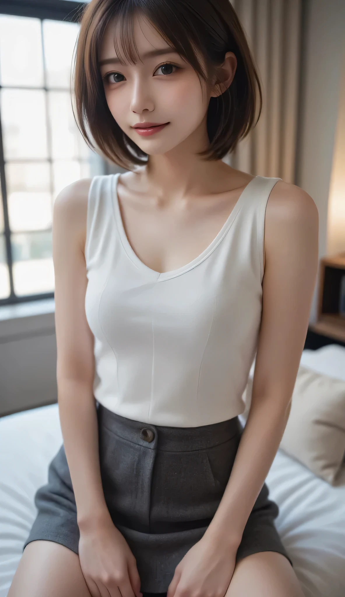 Women, Asian, sitting on a bed, with short hair up, Abella black color, Well defined face, (whole body) big breasts, beautiful figure, a black shirt, bare legs, black panties, showing her bare feet, (soles), while smiling sarcastically.