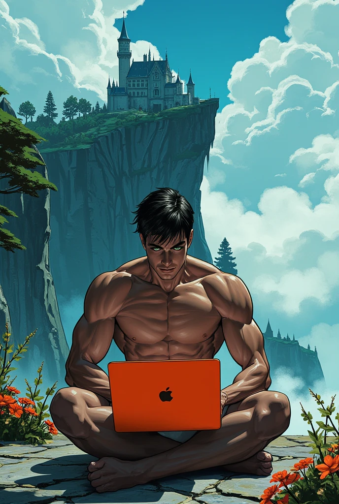 Create an image where Tarzan appears working as an administrative secretary wearing a loincloth in a jungle office with a tree desk and a state-of-the-art laptop.