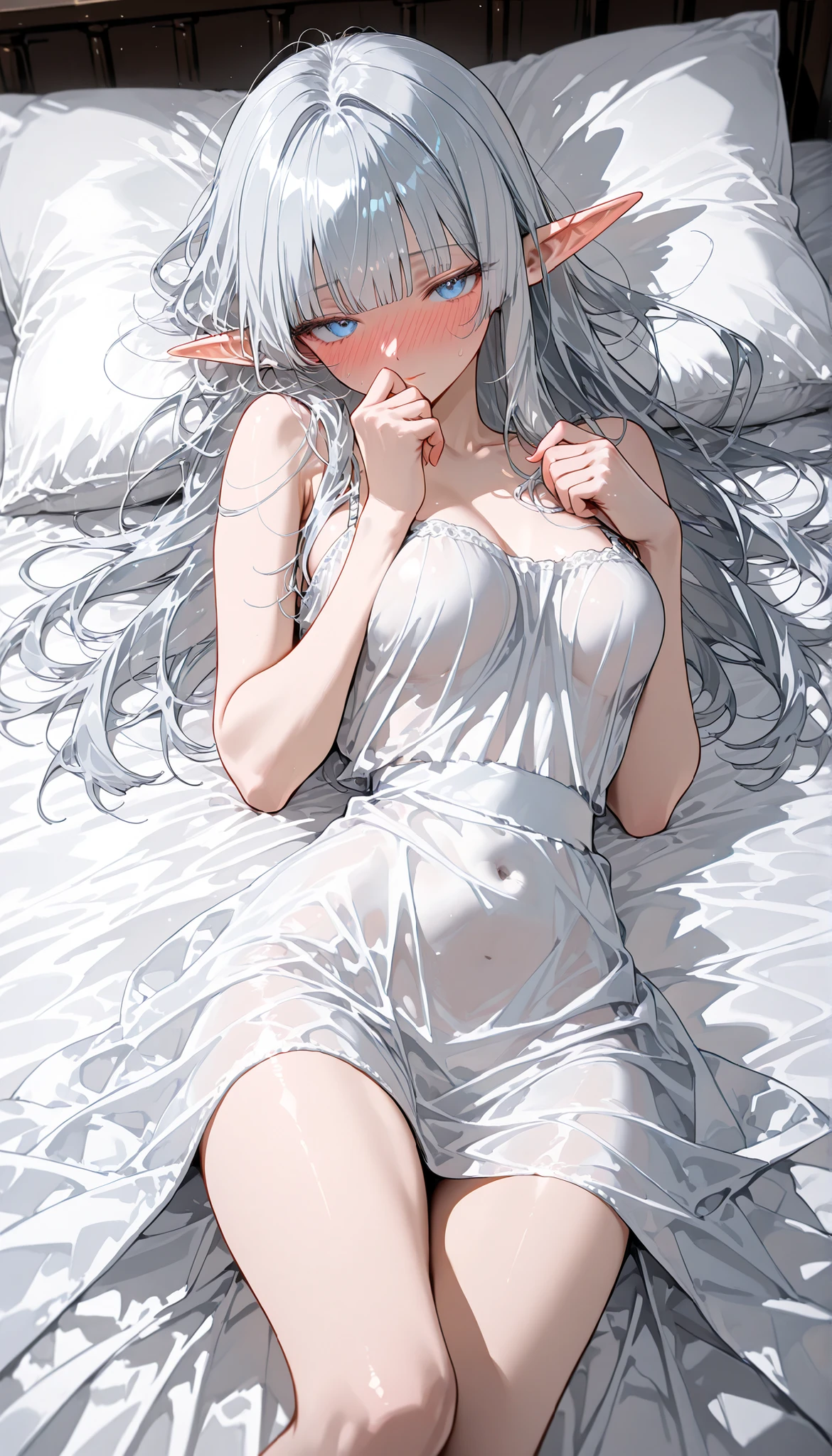 high quality、最high quality、Premium Quality、girl、cute、cute、Gray Hair、Long Hair、sexy、tits、titsを露出、White panties、Bukkake on panties、Ejaculate in panties、Cum in the crotch of panties、Bedroom、Sleep on your back、Spread your legs、Elf、Panties close up、eyes half open、sexyなドレス、Clothes are open、Mouth half open、Embarrassed