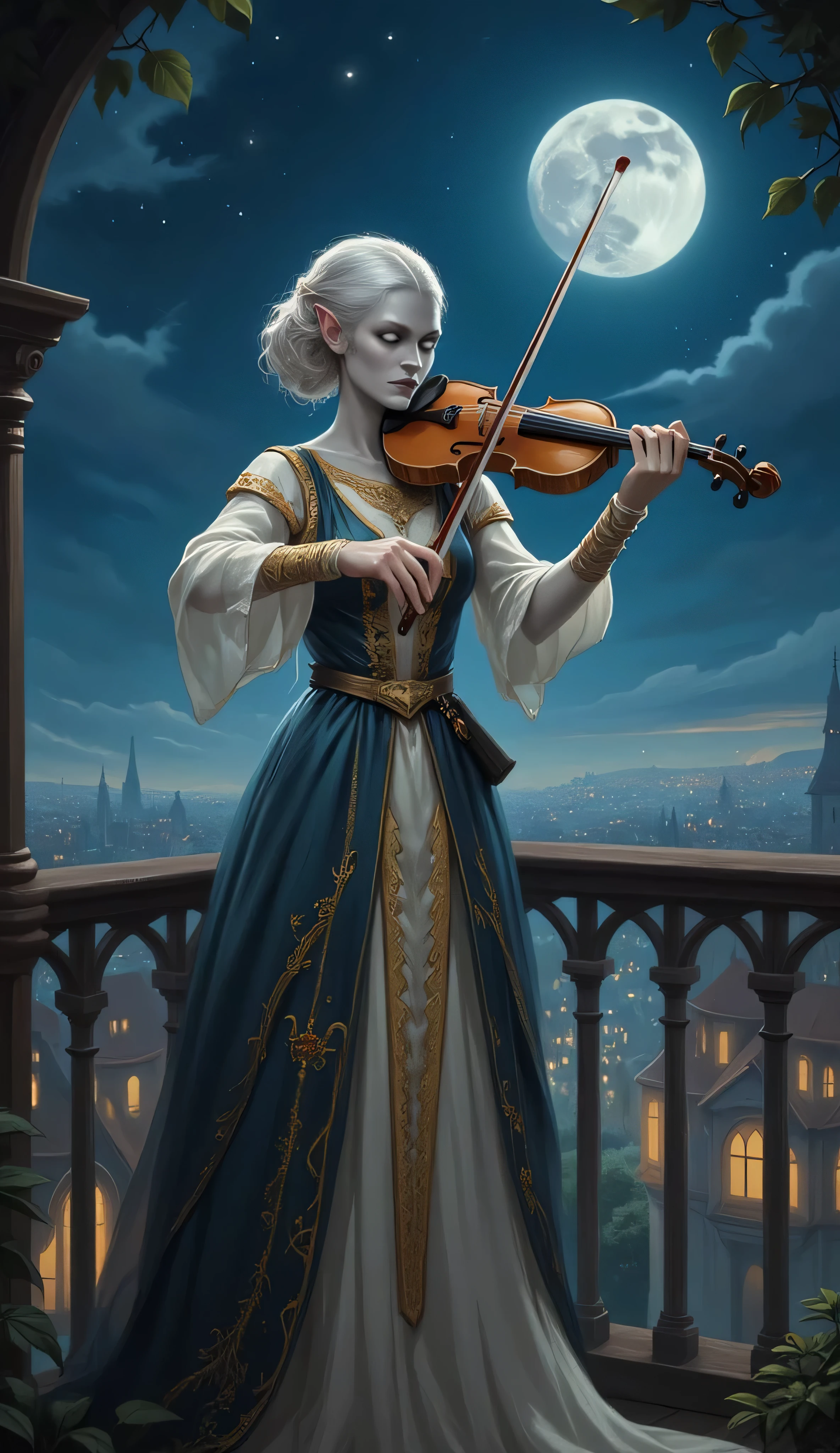Сhangeling, 1female, solo, pale grey skin, violinist, performing alone, moonlit balcony, surrounded by an ethereal atmosphere, half of her appears as a refined elven woman with flowing white hair and luminous eyes, other half is more human, with dark curls and freckles, elegant dress blends styles and colors from different cultures, flickering between forms as she plays, holds enchanted violin, carved from a silvery wood with glowing inlays, magical notes swirl in the air, night sky sparkles with stars, cityscape sleeps below, high-fantasy, painterly, romantic and magical mood, soft lighting and graceful motion, cowboy shot, full body view