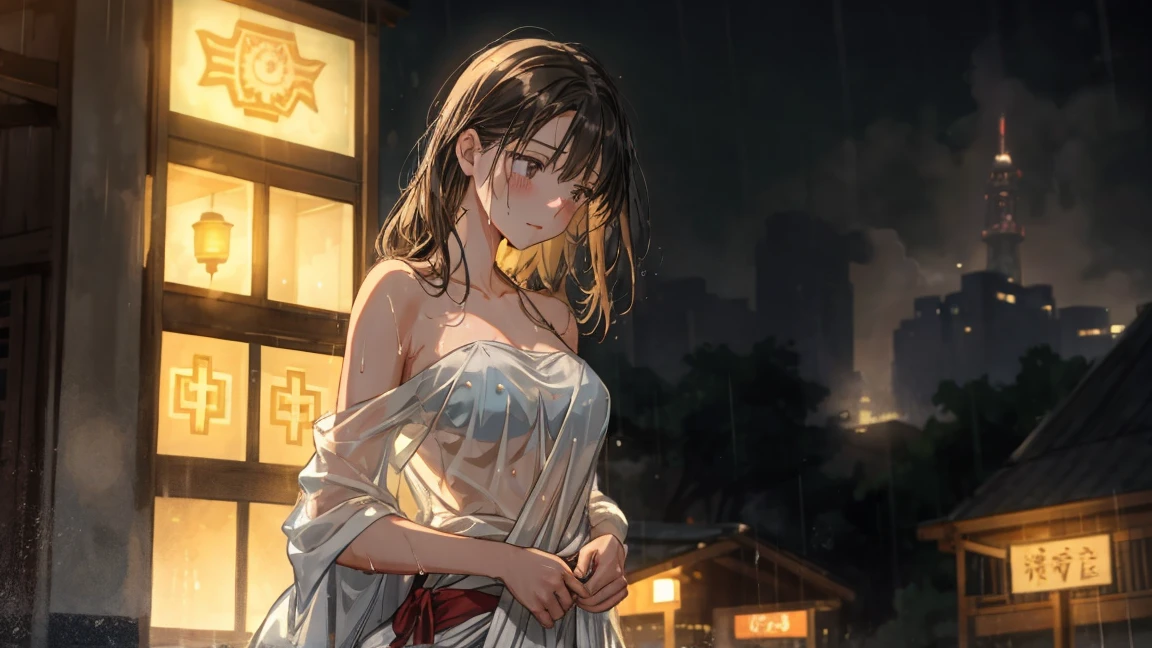 (nsfw), bewitching pose,{{{{vulgarity}}}}, sweat,Dripping water,My whole body is wet,heavy breathing, humid, fog,(Stuffy armpits:1.2),
((best quality)), ((masterpiece)), (detailed), 1girl, sexly, ChinatsuKano,
See-through silhouette, Open towel, (from behind), (looking away:1.4),
Old house in Japan,The open shoji screen,Old electric fan,mosquito coil,Summer sky cumulonimbus,Mountains in the distance,(Backlight, at night:1.2),