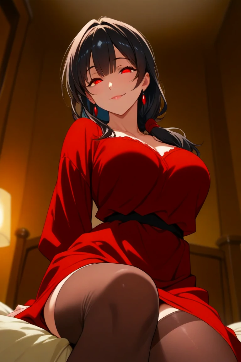 (8k, top quality, masterpiece: 1.2), super detailed, Megumin, Megumin from Konosuba, small breasts,NovaFrogStyle, black panties, Red dress, anime art style, cozy ambience, sitting on couch, accidental exposure, flashing, living room, one leg up, smirking
