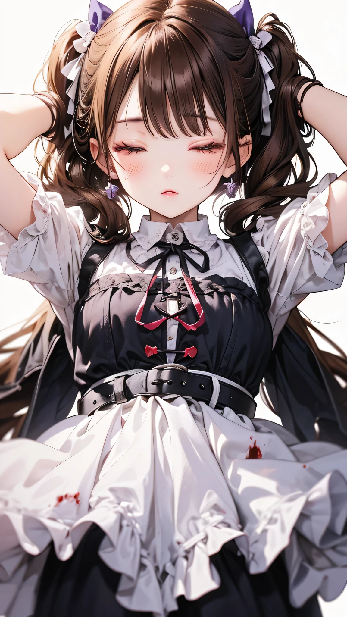 (masterpiece, Highest quality: 1.2), night, Highly detailed face, The real picture, Realistic Skin, Realistic body, Intricate details), Red eyes, (Intimidating look), A slight blush, Social attire, Half-open button-up shirt (white), whiteいブラジャー, skirt (black), black belt with buckle, Beautiful long hair (Stick to braids), Mid-chest, Slender beauty,