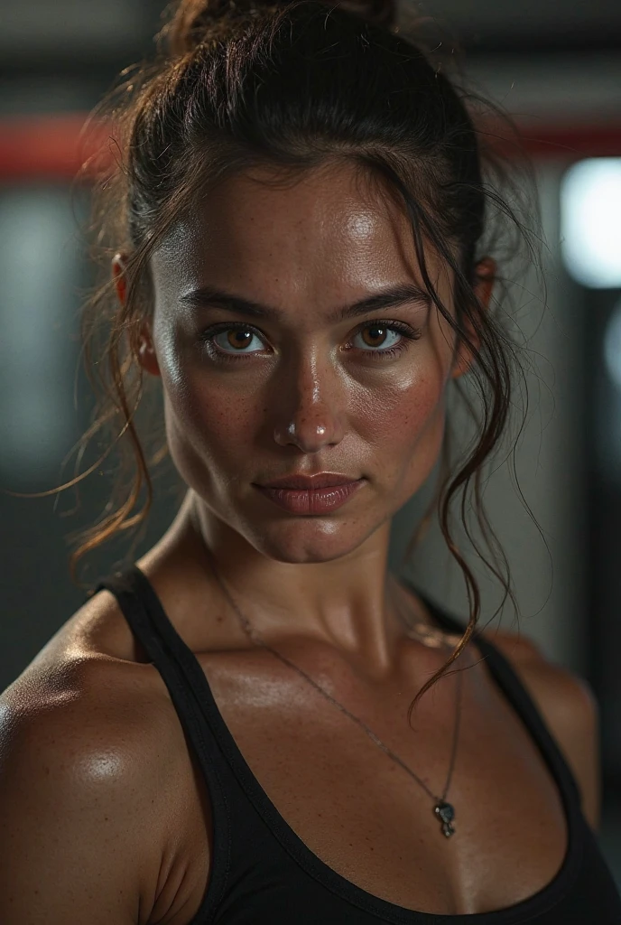 Ronda Rousey, muscular woman, athletic body, gym clothes, sweating, breathing deeply, hair tied up, detailed face, beautiful eyes, sharp facial features, realistic, photorealistic, highly detailed, 8K, hyper-realistic, masterpiece, flawless skin, natural lighting, dynamic pose, fitness studio setting, warm color tones, cinematic lighting