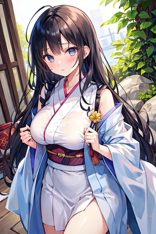 masterpiece, aoi-Odisann a woman in japanese clothing, cabin, ((1girl)), blue_eyes, high ponytail, long hair, japanese_clothes, looking_at_viewer, solo, upper_body, dynamic shot, <hypernet:myhands_22k:0.75> <lora:Aoi-Odisann:0.75>