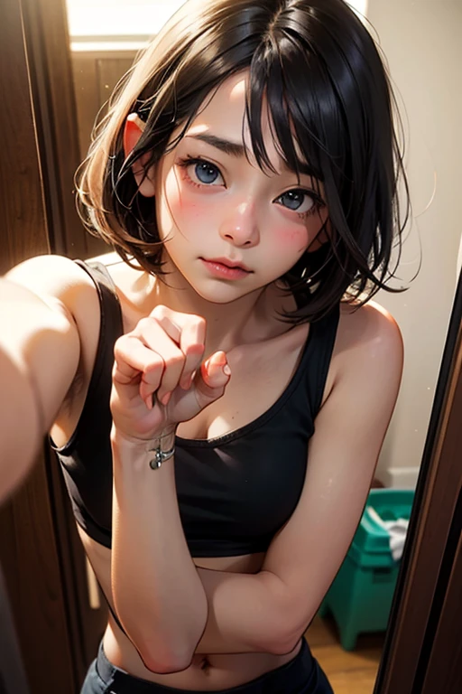 masterpiece,very-very-loose pullover tank top, Tank Top Shirt Down, exposed nipples, Off the shoulder, Bare shoulders, short Curly Hair, white Skin, japanese girl, smile, hot pants digging into anus, Leaning forward, small breasts, hands outstretched, 23 yrs old, nude breasts