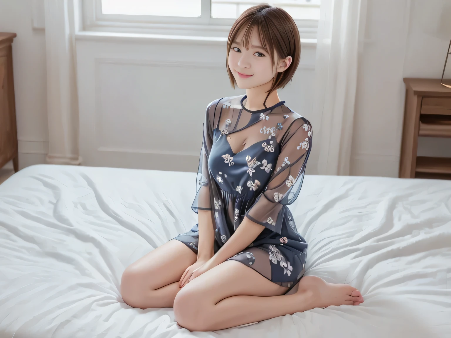 (( 1 European woman )), (tween model, , young)),( brown short short hair), Beautiful Like a Fairy, 魅惑的な緊張したsmile, symbol body, exposed chest, naked, Soft light, lies in the bed, full body image, masterpiece, 最High Quality, photorealistic, 8k, high definition, detailed skin, 8K Ultra HD, dslr, Soft lighting, High Quality, soft indirect lighting、(light navy blue clothes)、(mini dress)、((Perfect Anatomy))、(((One woman)))、((The band has a fine floral pattern ))、(see through)、smile、(shiny clothes)、