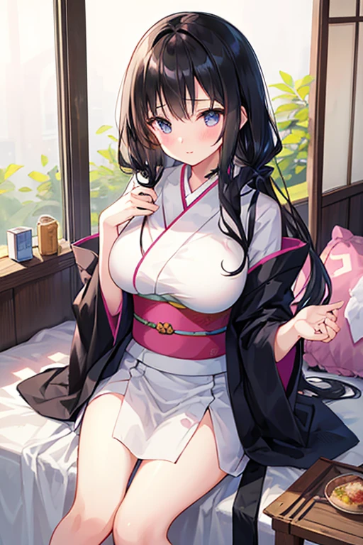 8k, (ultra-detailed:1.3, master piece:1.3, best quality:1.3, high resolution:1.3), 18year old, High school students, cowboy shot, (no hat:1.3), a girl, beautiful face, large and beautiful breasts, Blue eyes, eyes in highlight, catch light eyes, specular highlight eyes, BREAK (long hair, black hair, straight hair), BREAK ((Argyle Pattern bathrobe yukata)), happy, blush, BREAK (collarbone), ryokan, (lying on Japanese bed:1.2),