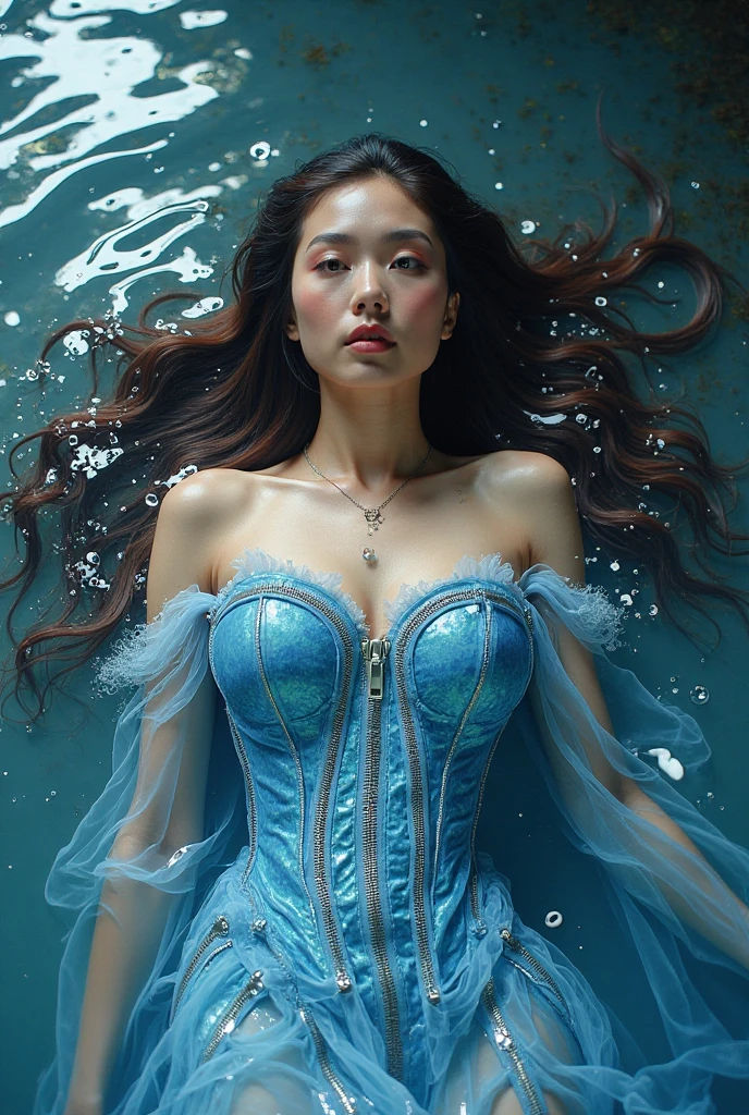 （tmasterpiece，top-quality，optimum，offcial art，Beautiful and beautiful，Long exposure：1.2），Smooth movement，Attractive pattern，one-girl，Adult women，Perfect skin，jade Eyes，Black leafy hair，sportrait，独奏，The upper part of the body，Gaze at the observer，detailedbackground，Detailed face，（Crystal AI，crystalline theme：1.1），Elemental Water Elves，Swirl water，Water control，Fantasy magician costume，dynamicposes，Floating particles，Ether dynamics， Eau，steamy，Background sea，blue tint，shores，Fantastical Atmosphere，mini-skirts。Black hair。Full face。in  the water