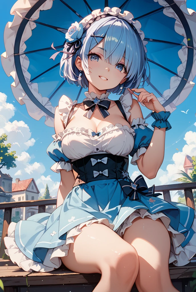 Top quality, Masterpiece, crisp, RAW photo, 1 super cute girl, white and blue dress, (striped stockings), Wonderland, clock tower, (medium breasts), smug face, full body, short bob cut, (flower on head) hair ornament), rose ribbon