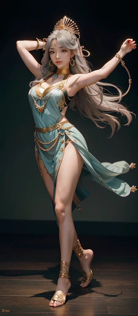 Best quality,masterpiece,ultra-detailed high res,(photorealistic:1.4),raw photo,,illustration,
1girl dancing,(solo:1.2),(cowboy shot:1.2),(hair crown:1.2),Traditional chinese dunhuang style clothes,Strapless,(white eyeliner:1.2),(big breasts:1.4), (v-neck:1.5), (big necklace:1.4), lace armour, earrings,dynamic angle,(clean white background:1.2),messy_long_hair,ink,cinematic lighting,lens_flare,Velvet,chrysanthemum,Tassel,Ribbon,color embroidery,(full body shot:1.4),light studio,backlight, front light,difuse light