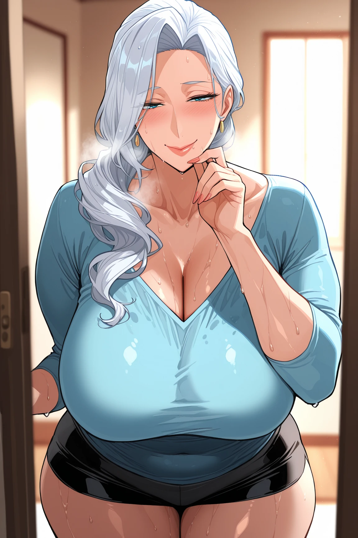 nari mature beautiful milf mom been carried in arms of big ugly fat old man to bedroom, mature body breasts , light blue hair , hair braid with blue ribbon,saggy big breasts,long silver butterfly chandelier earrings,red lipstick , smiling, oily sweaty skin, detailed red alluring eyes, detailed 4k image, white skin,white apron,