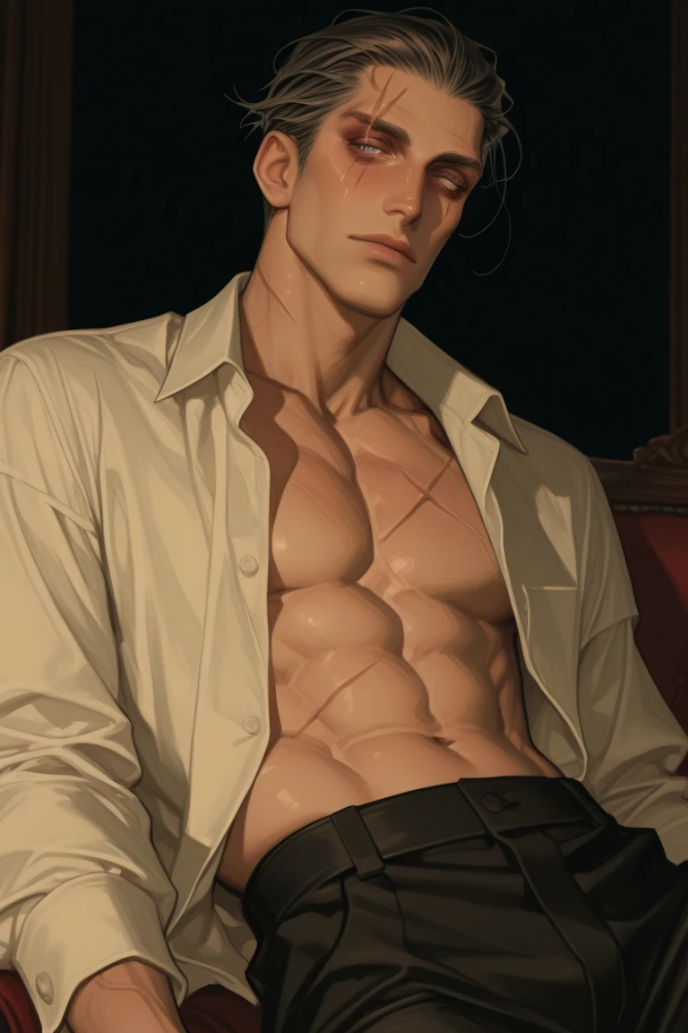Reiner braun from Attack on Titan is sitting in black boxershorts