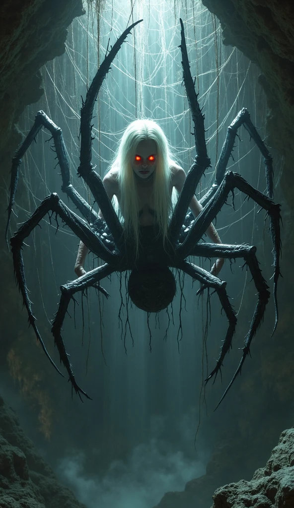 a spider girl looms over a man caught in her web. the girl is an arachne, drider, or arachnid taur. she has a human head, arms and body attached to the front of the body and legs of a giant black spider. her human section has long white hair, pale white skin, and small red circular facial masks in a regular pattern. the white of her skin is unnaturally pale, as if wearing white body paint all over. her fangs are visible as she grins cruelly at her prey. she is topless, showing well formed, moderate sized breasts and fair abs,
the man is trapped in her web, hanging upside down in a cocoon of spider silk. think bands of spider silk bind his legs together. his arms are trapped behind his back, and another band of spider silk wraps over his mouth, gagging him. his eyes open wide in terror.