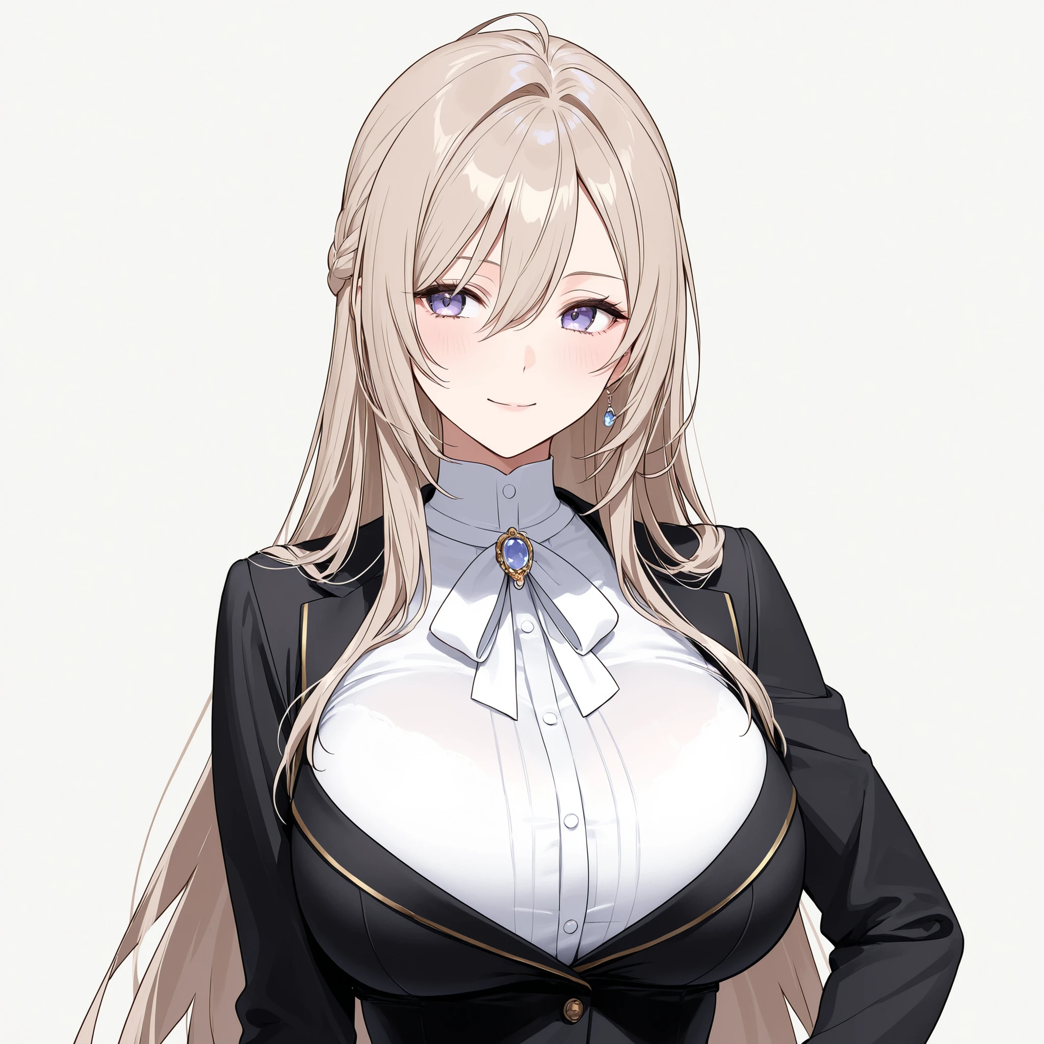 slender, mature female,  1girl, breasts, rating:safe, crossed_arms, large_breasts, solo, smile, long_hair, blush, formal, suit, collared_shirt,arms_under_breasts, looking_at_viewer, breast_hold, sidelocks, shirt, hand_on_own_arm, eyebrows_visible_through_hair, bra, cleavage, jacket, closed_mouth, long_sleeves, arm_under_breasts, bangs, dress_shirt, underwear, cardigan, half_updo