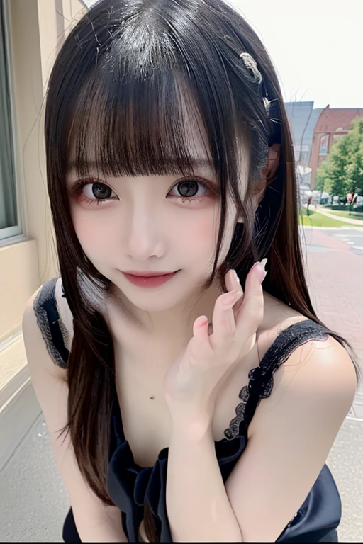 whole body、blush,Long white hair、(White Gothic Lolita Fashion),,Street,(8k, RAW Photos, Highest quality, The pieces fly:1.2), (reality, Realistic:1.4), (非常に詳細な8k壁紙),  Sharp focus, Depth of written border, Cinema Lighting, Soft Light, Detailed beauty eyes,Asymmetrical bangs, Glowing Skin, Highly detailed skin ,High resolution, Attention to detail, Detailed hairstyle, Detailed beauty face, Hyper Real, Perfect limbs, Perfect Anatomy ,1 Japanese girl,Famous Japanese Idols, Perfect female body,A shy smile,Long eyelashes,double eyelid,Look straight here,Off the shoulder,Street,Stand up straight and face me,,look straight at me,,Small breasts