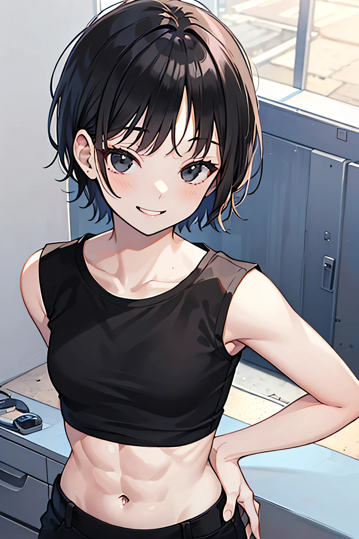 (Best quality, dynamic lighting, highly detailed, HDR) Brown haired young woman, mature, beautiful, bob hair, brown eyes, slim, medium-small breasts, bare shoulder, hoodie, sleeveless, smiling, gym background.