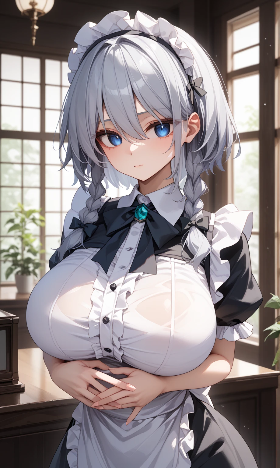 1Raiden shogun, beautiful face, detailed face , gray haired gradient, wavy hair, large breasts, maid cafe clothes , cleavage, navel, t-shirt, ((bra)),clothes lift, skirt, lying, portrait, sexy body, sitting