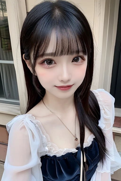 Realistic, High resolution, 1 female, Glowing Skin, alone, Wide lips,Color Contact Lenses,Weight 40kg,round face,Realistic skin texture,Genuine,Detailed face,Mr.々A pose,Female college student,Young face,Idol body type,Snow-white skin,short hair,Wavy Hair,18-year-old,Outdoor,What a lovely smile,
