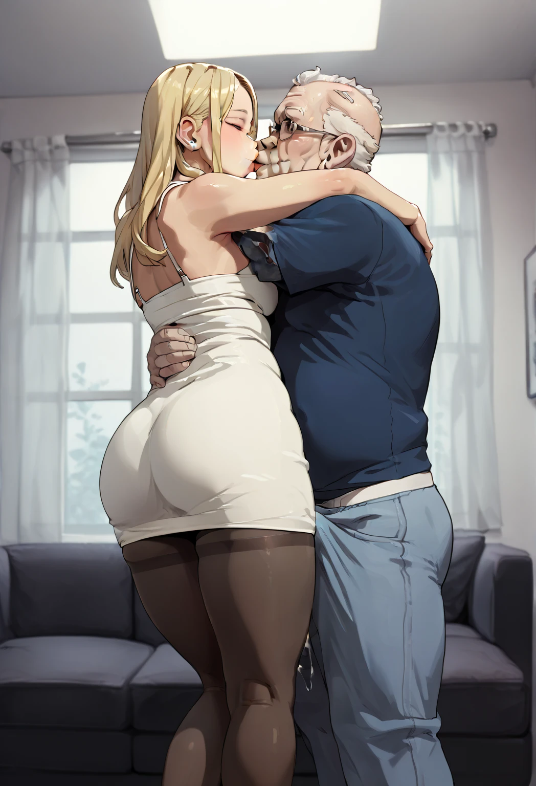 (girl, Fat middle-aged man:1.2), Completely naked、blush、(kiss)、(hug)、office、Very detailed、High Resolution度、4K、masterpiece、High Resolution、(tears:1.8)、(Clothes are see-through:1.2)、heart、(Side view)、(Sex:1.3)