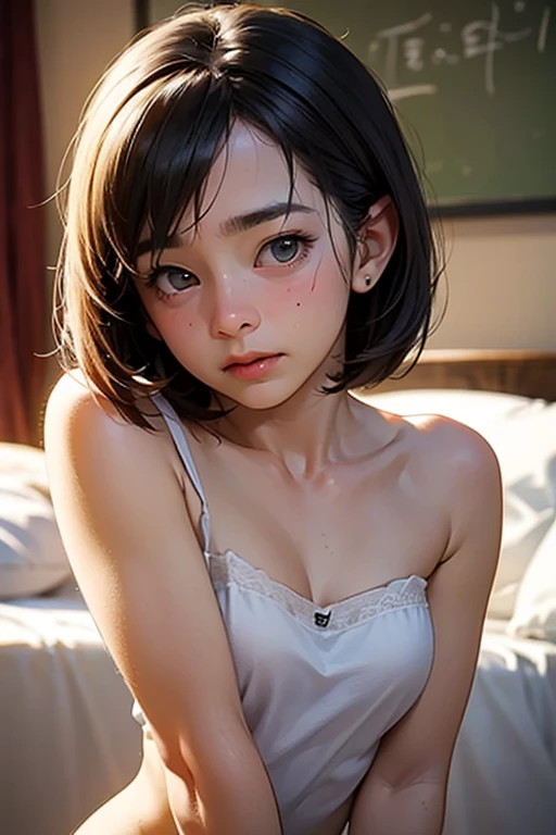 bedroom,masterpiece, One woman, Solo Exhibitions, Beautiful woman with small breasts,Beautiful Goddess Portrait, Beautiful and elaborate face, Porcelain-like skin, (((Full Shot,center, night, Black Hair, short hair)), Very soft lighting, Symmetric, complicated, grace, Attention to detail, realism, art, concept art,White clothes,Completely naked