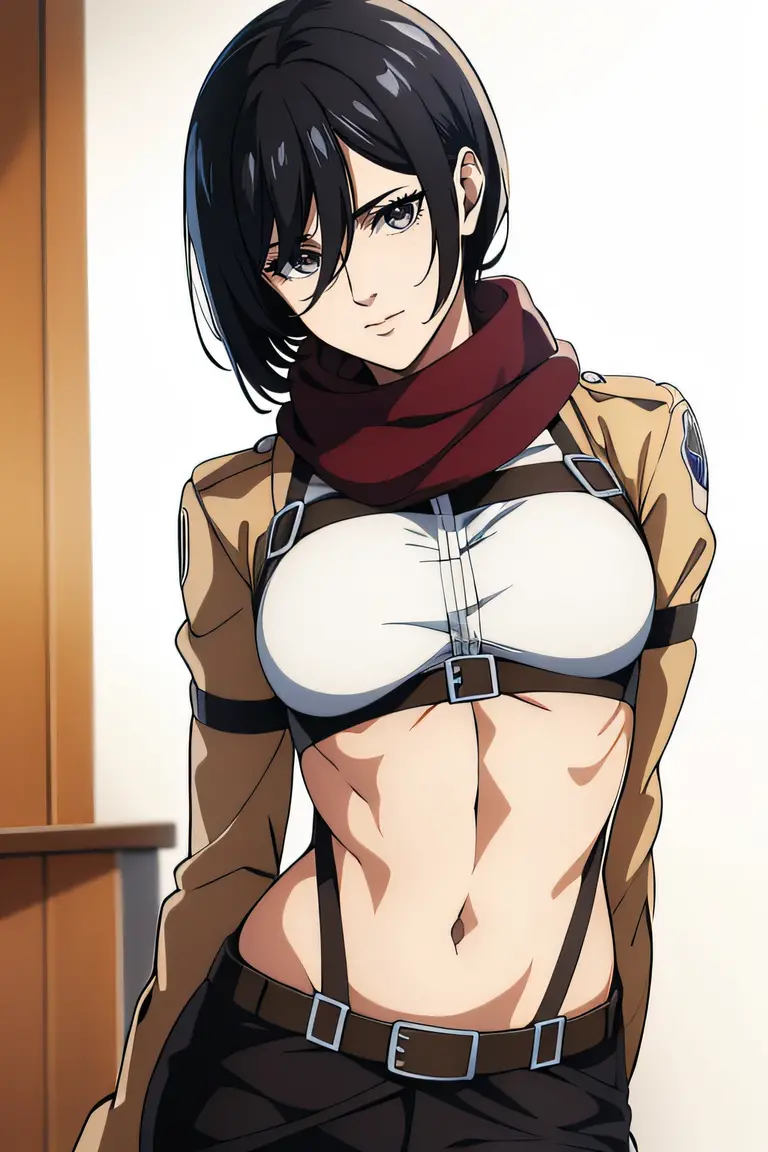 1girl, solo, short hair, bangs, shirt, black hair, hair between eyes, brown eyes, closed mouth, , scarf, lips, wind, red scarf, , nose, , mikasa ackerman, room, upper body, navel, abs,, breasts, bouncing breasts, nipples, looking down, blush, , grey eyes, nude, pussy, looking at viewer, seductive smile, crazy smile, side, on side, ass,