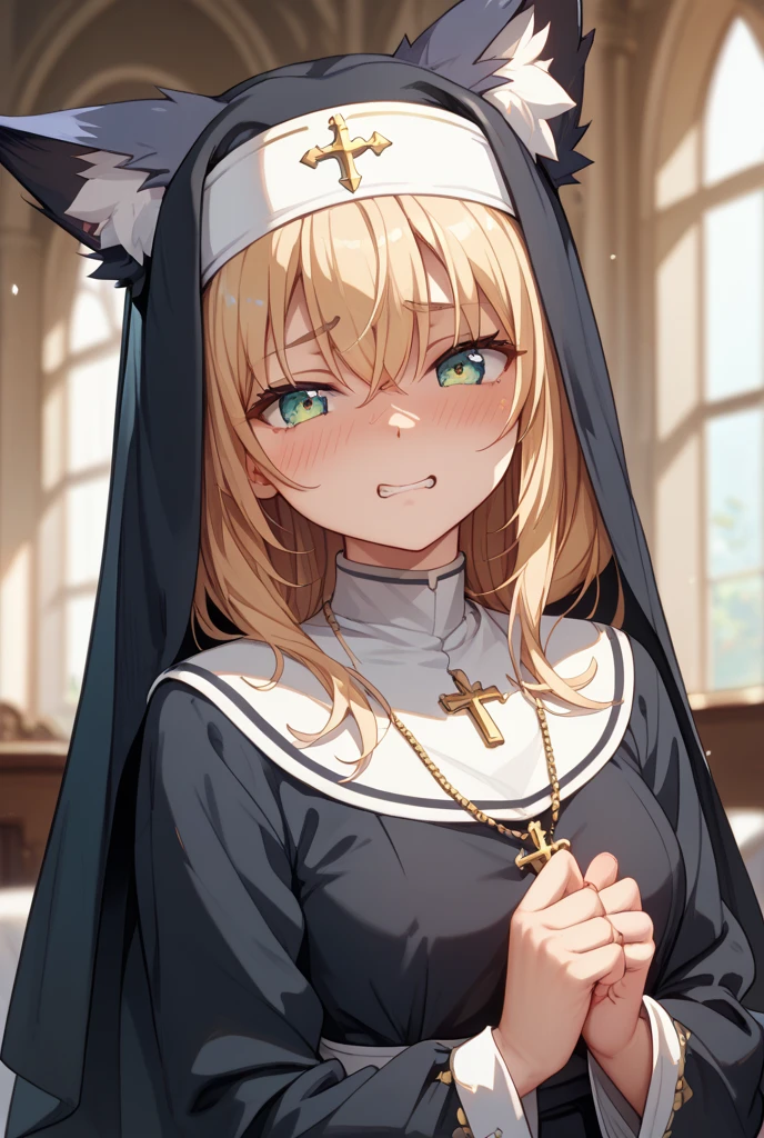 (masutepiece),(Highest Quality),(High resolution),(Fine details),Solo,Adult Woman,blush,Large breasts,Sweat,Oily skin,nun,chies,anime portrait,Frontal