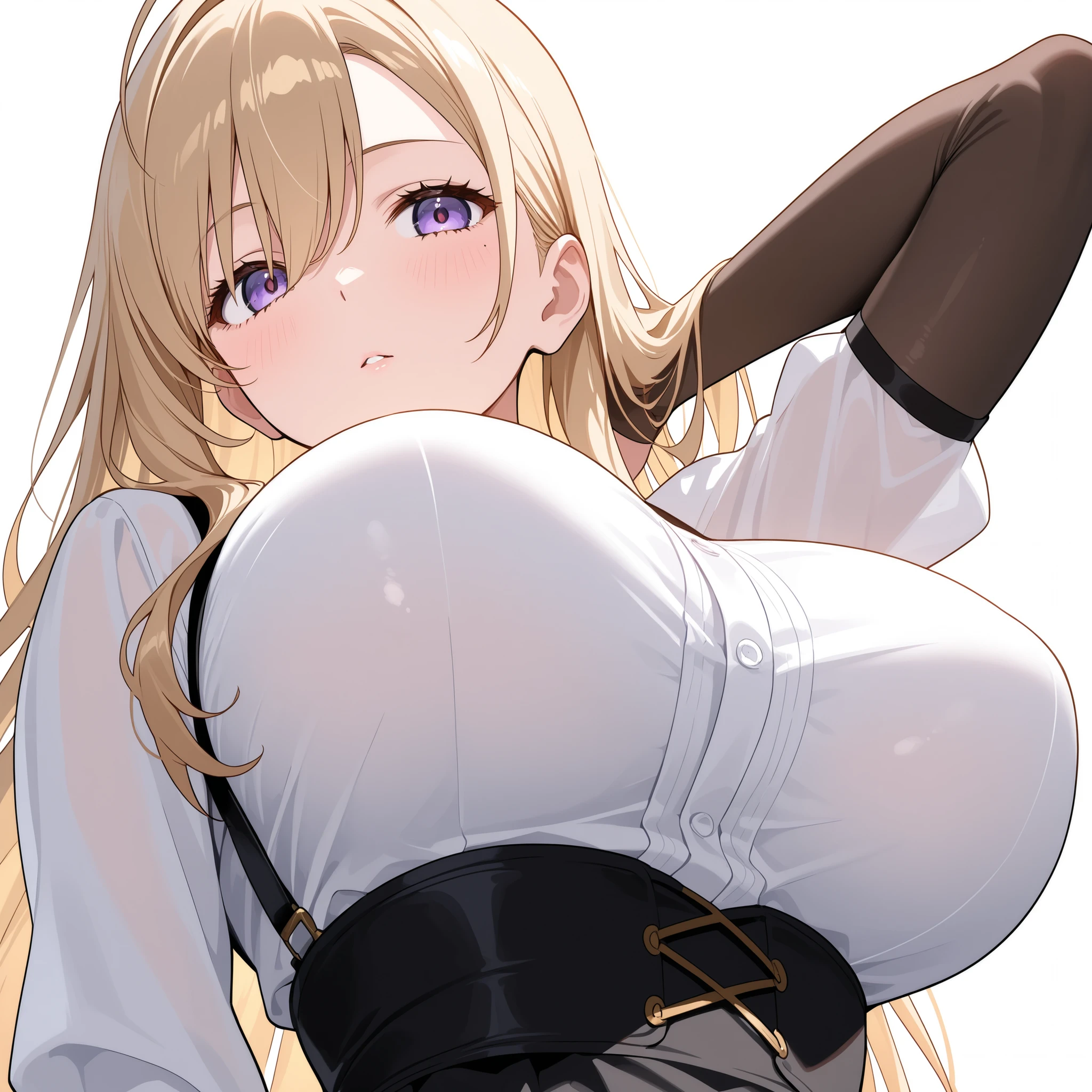 official art, no text, kanna \(blue_archive\), halo, long hair, animal ears, breasts, big breasts, white background, close-up, bottom view, depth of field, masterpiece, best quality
