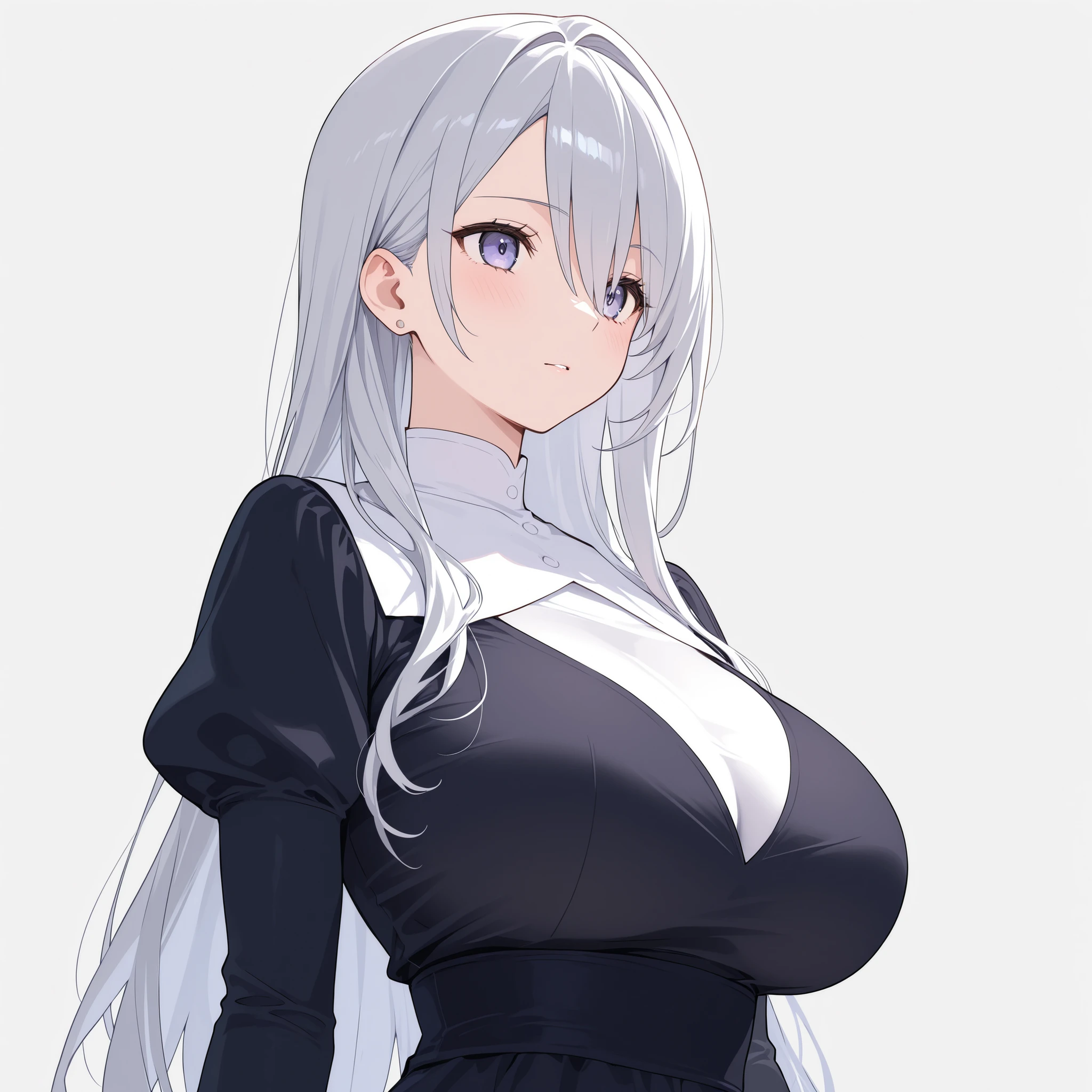 1girl, bangs, bare shoulders, black pants, breasts, breasts squeezed together, gray background, hair between eyes, huge breasts, long hair, looking at viewer, pants, lips parted, red eyes, shirt, plain bottom, sleeveless , sleeveless shirt , solo, turtleneck, v arms, white hair, (glossy skin), (masterpiece:1.4), (best quality:1.4),mature female,fashi-girl,red lips