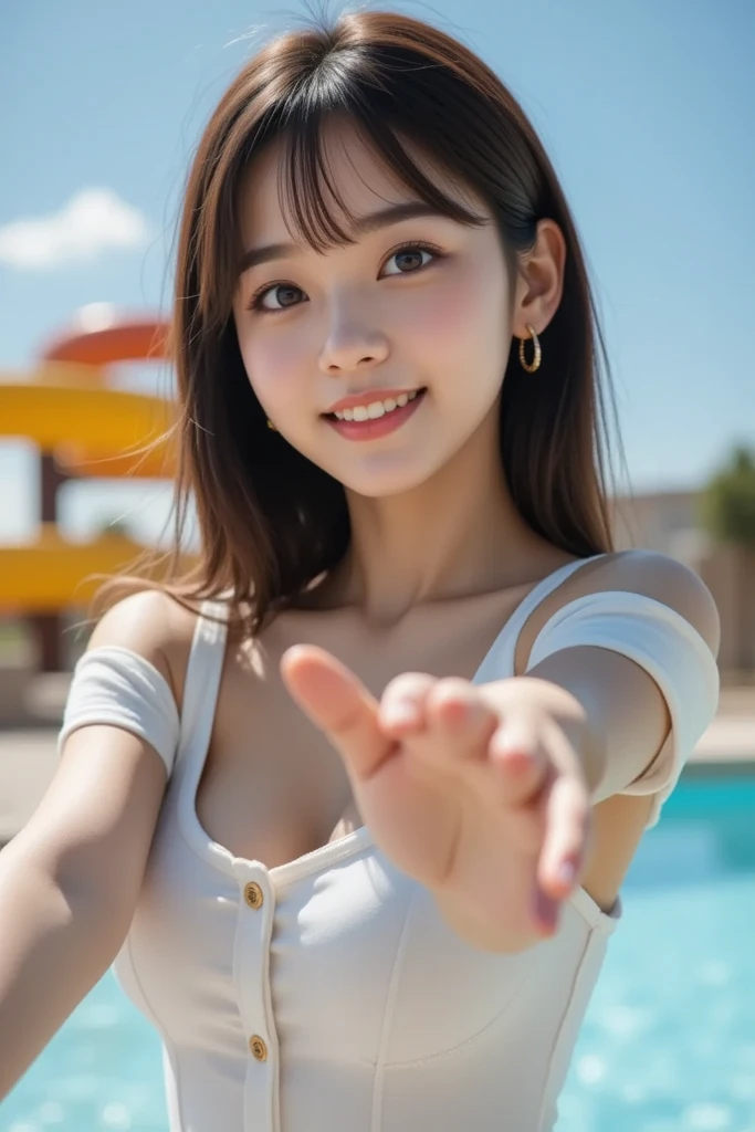 (((Top image quality、8K、1人の女性)))、(Beautuful Women、Beautie、kawaii、ren、japanes、The face is orderly、Breasts are big、Colossal tits)、((It looks like you're taking a selfie from above with your arms outstretched on your smartphone))、夏天、Sunnyday、Alone、Laughing、Solo、Navel out、