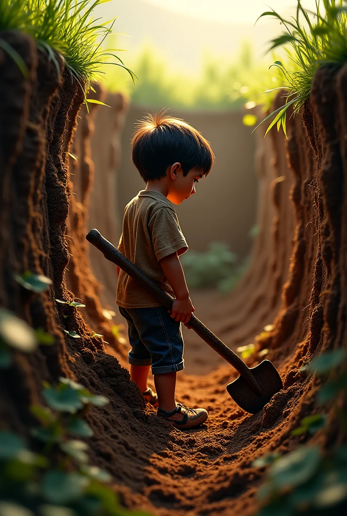 the boy digging the crack to make it bigger