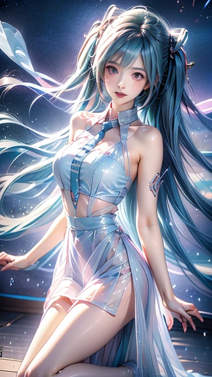 Une jeune femme danse sous les étoiles dans une forêt enchantée, son visage illuminé par la lumière de la lune. Elle porte une robe fluide qui semble flotter autour d'elle. Le fond est parsemé de lumières scintillantes et de couleurs vives rappelant les effets visuels d'une soirée techno. Son expression est pleine de joie et de liberté, capturant l'essence d'une nuit magique, gros plan sur le visage