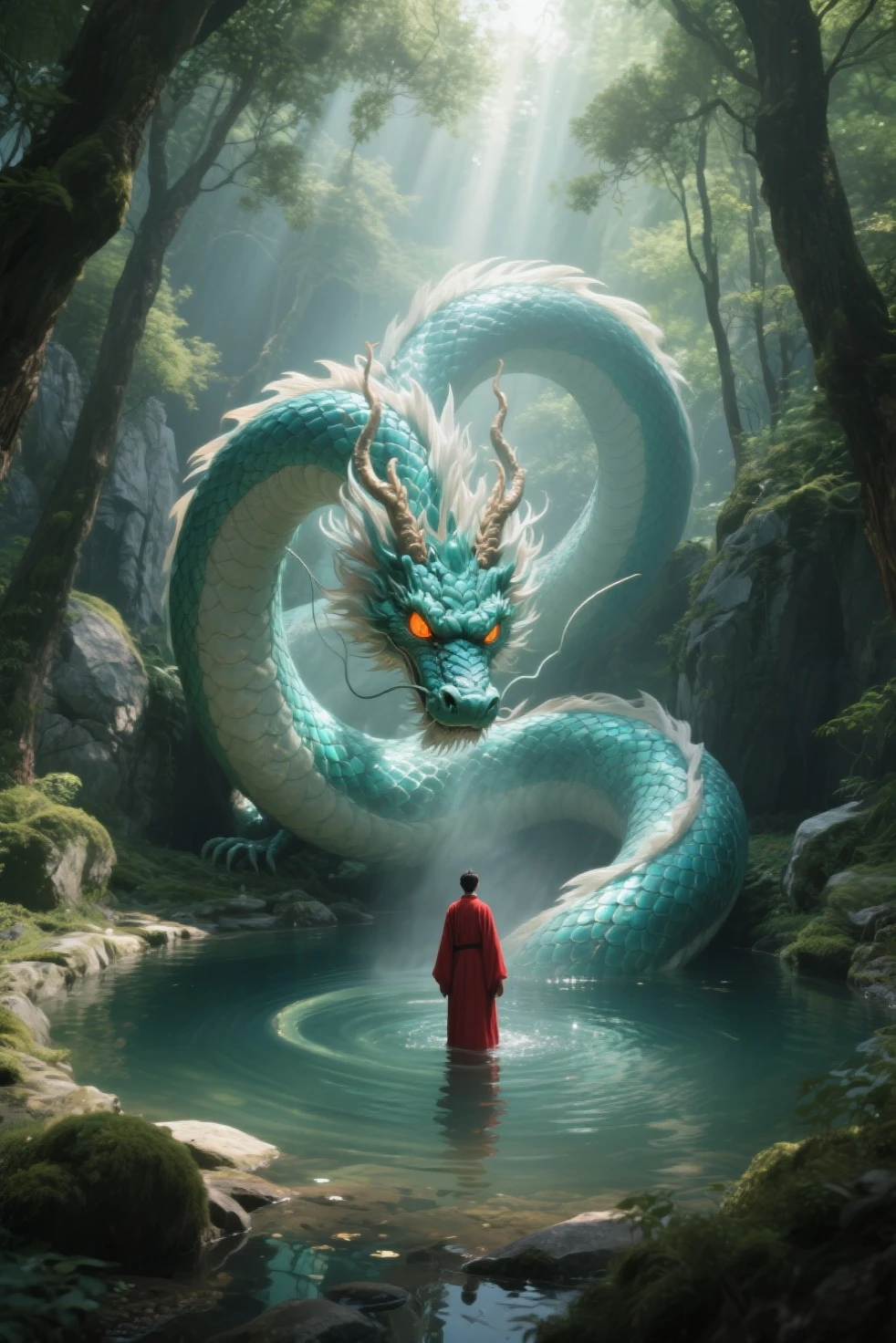 Vision Aerobatics “Ultra-detailed, hyper-realistic, 8K fantasy illustration of a massive, coiled dragon with intricate, shimmering scales emerging from a tranquil forest lake. The dragon’s serpentine body loops majestically around the water, with piercing eyes locked onto a lone, brave figure standing resolutely in the shallow waters below. The figure, dressed in a flowing red robe, stands firm despite the dragon’s towering, mystical presence. Lush greenery surrounds the scene, with sunlight filtering through the trees, creating an ethereal glow that enhances the epic and magical atmosphere. The scene captures the tension and beauty of this moment with photorealistic textures, dramatic lighting, and an expansive composition that draws the viewer into this fantastical world.”