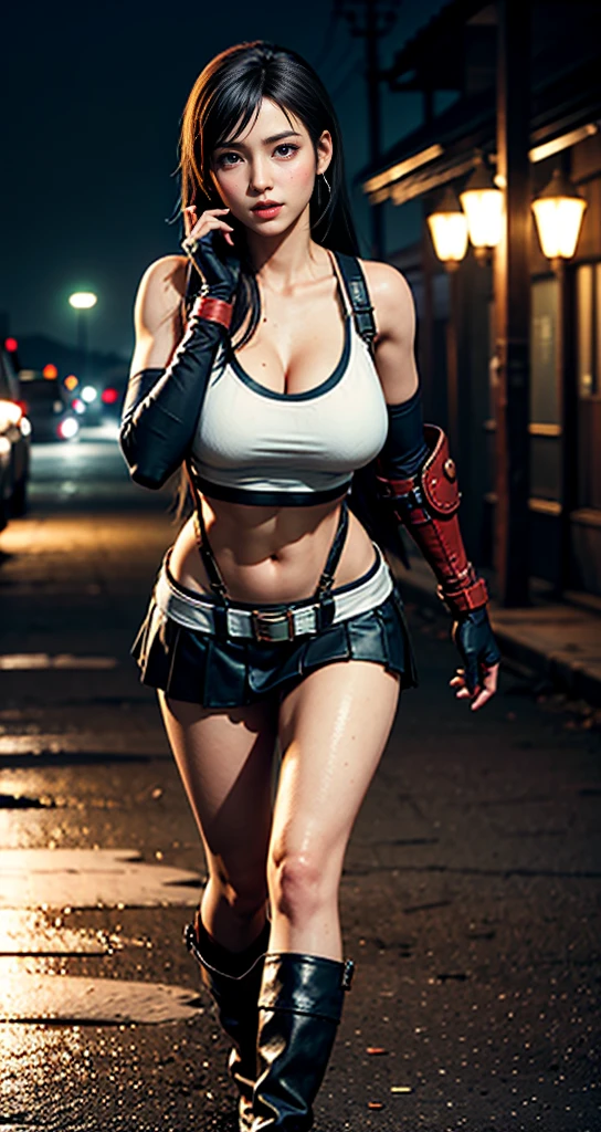 (8k, best quality, masterpiece:1.2), (realistic, photo-realistic:1.37), (full body), standing, legs apart, (wide stance) standing contrapposto, ultra-detailed, 1 girl,cute, solo, (tifa lockhart), (large breasts:1.5), (beautiful detailed eyes), (smile:1.2), (closed mouth), sharp focus, depth of field, good composition, Final Fantasy VII, very long straight hair, hair bang, ((red_eyes)), intricate, bokeh, (Tetsuya Nomura style),  perfect breasts, white tank top, black miniskirt, suspenders, gloves, stockings, toned body, athletic, wide hips, thin waist, toned arms, exposed abdomen,