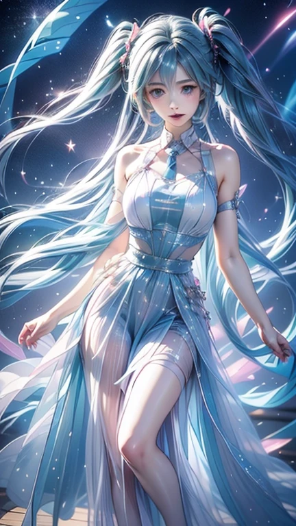 Silvery long curly hair shines，Eyes light blue like a diamond，The whole body exudes a hint of coolness，Wearing a light blue long gauze dress with sparkling jewelry embellishment，A girl as beautiful as the moon, shining all over