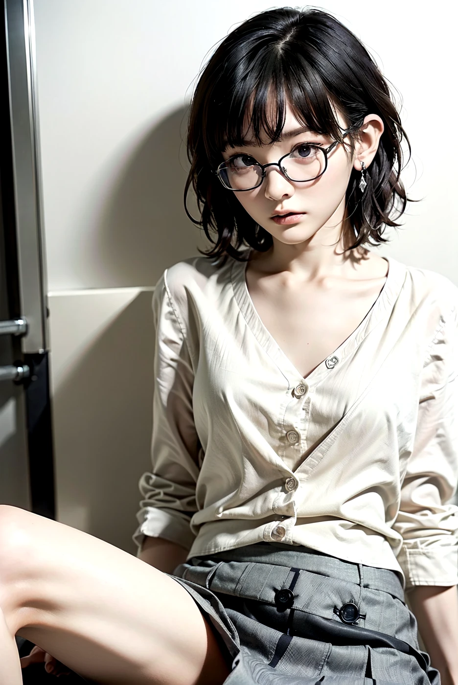 (masterpiece:1.2, highest quality), (Realistic, photoRealistic:1.4), Beautiful illustrations, (Natural Side Lighting, Cinema Lighting), Written boundary depth, Beautiful thighs staring at the viewer, (((Face Focus, Upper Body))), 1 female, 30-year-old, alone, thin, slender, (small breasts), short Hair, Curly Hair, Forehead, Forehead, Forehead, Forehead, thin, slender, glasses, is wearing a white T-shirt with a pair of jeans, Are standing, ((Close-up)), ((Close-up)), ((Close-up))