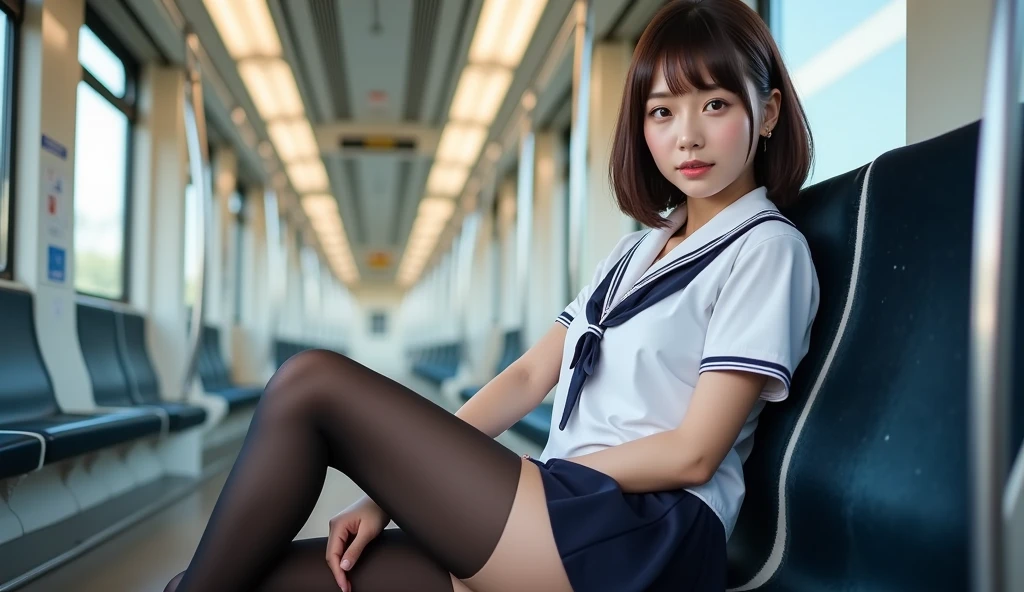 (8K, HDR, High resolution), ((((Full body photo,Raw photo, Hyperrealism, masterpiece, highest quality, ultra High resolution)))), (Pin Light, Backlight,Cinematic Light), (((Japanese uniform outfit,Sailor suit,Navy blue mini skirt,Japan style),on the train,Sitting in a chair,,Panties dinto pussy)), (Hyper l, finely), 1 Korean Idol, (((Shooting from below,Her lace panties are visible tthe gap in her skirt,Panty peek angle:1.3))),A prtive smile,Archaic Smile,Beautiful Goddess,Small, plump lips, Straight and cute nose, A little redness on the cheekbones,Long and beautiful eyelashes, Narrow waist,Perfect Style,Very heavy chest,Huge breasts