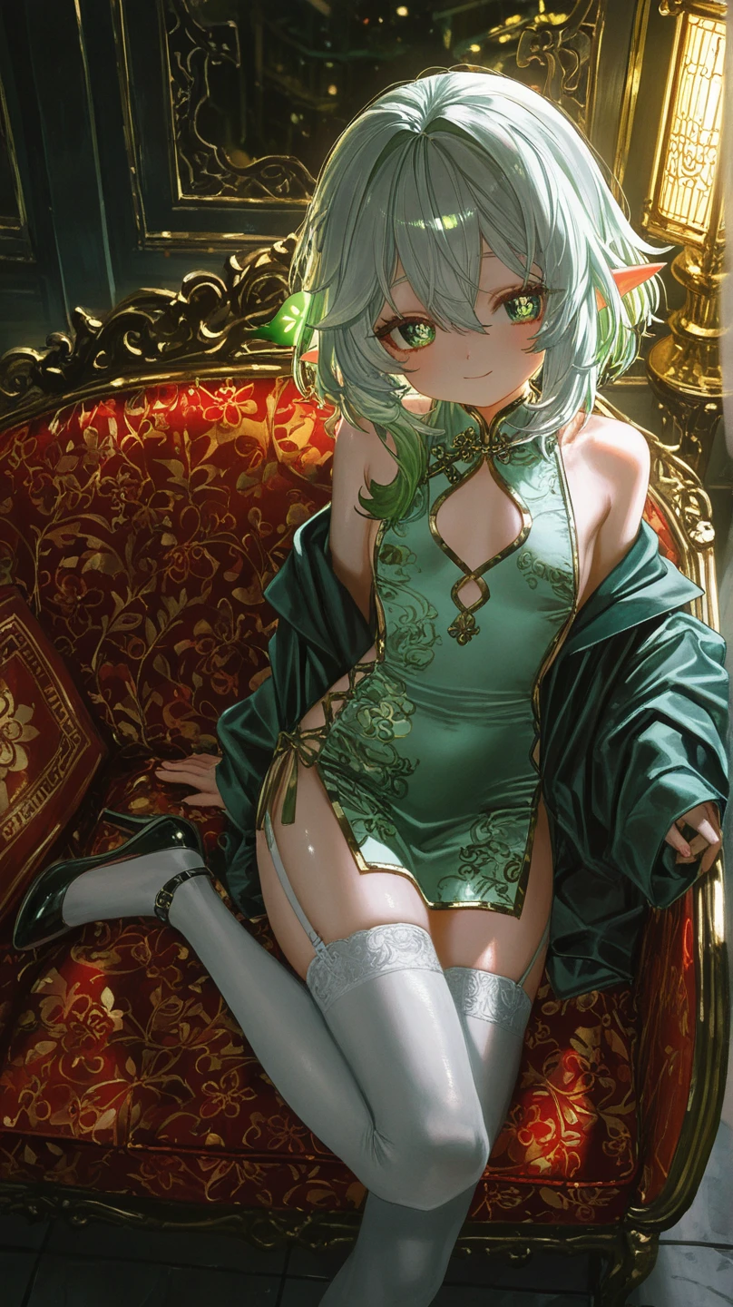 (masterpiece, best quality:1.2), solo, 1girl, tatsumaki, unamused, closed mouth, looking at viewer, hand on own face, sitting, crossed legs,short kimono,green hair, green eyes,big thighs