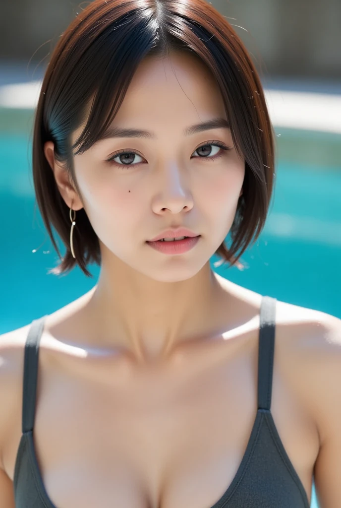 {{NSFW}},((highest quality、In 8K、masterpiece:1.1)),(natural light),(glowing:1.4),(lighting forward),1 woman in Japan、japanese woman、45-year-old Japan woman、Aunt、Married woman、beautiful witch、a degraded woman、black hair、beauty with short cut、short hair、short hair、Woman with dark eyes、Drooping eyes、drooping eyes、cute big eyes、Beautiful double eyes、cute face、delicate and beautiful skin、human-like skin、Realistic skin feel、複雑な色hair、complicated hairstyle、luster々hair、looking at camera、double round big eyes、very delicate eyes、super detailed face、High-definition lips、thick lips、emphasize the face、clear white skin、beautiful white woman、on the chest、40 year old feminine body、Created with a clear touch、A woman wearing a bikini standing by the pool、beautiful woman standing tall、too big breasts、Emphasize your plump buttocks、