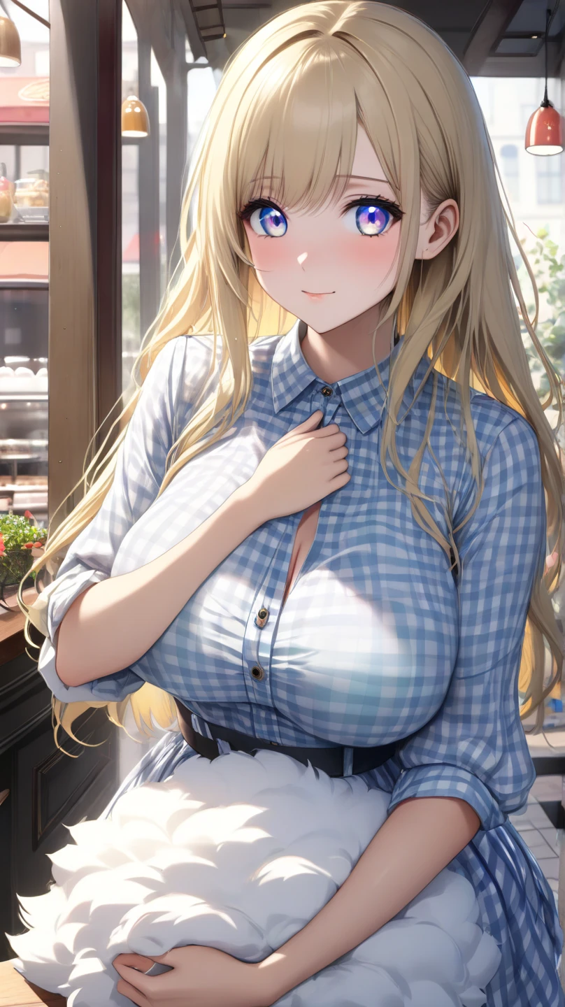 (One girl), Beautiful smile,(Wink:2.0),Blushing,Close your mouth,Glossy Lips,Abstract, School, masterpiece, highest quality, so beautiful, Absurd, up to date, Complex details, Pink long nails,AI-generated, Complex,High resolution, highest quality, super high quality,3D Images、View the viewers、3D Images,one person,Long Blonde Hair,blue eyes,Anime girl posing for photo, [[Fine grain、Colorful eyes、Shining Eyes:1.15]],(Squint your eyes:1.1),a hyperRealistic , hyperRealistic , Realistic , blonde anime girl with long hair, Smooth anime CG art, Beautiful anime school girl,White long sleeve blouse,Blue checked skirt,Big blue chest ribbon, Earrings,(Large Breasts:1.3), Mature Body,Fine details,Abdominal muscles,Touching your hair with your hands,(Tilt your face)