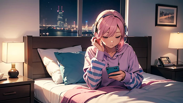 girl, bedroom, teenager with headphones, books on the computer, messy bed, window with sunrise