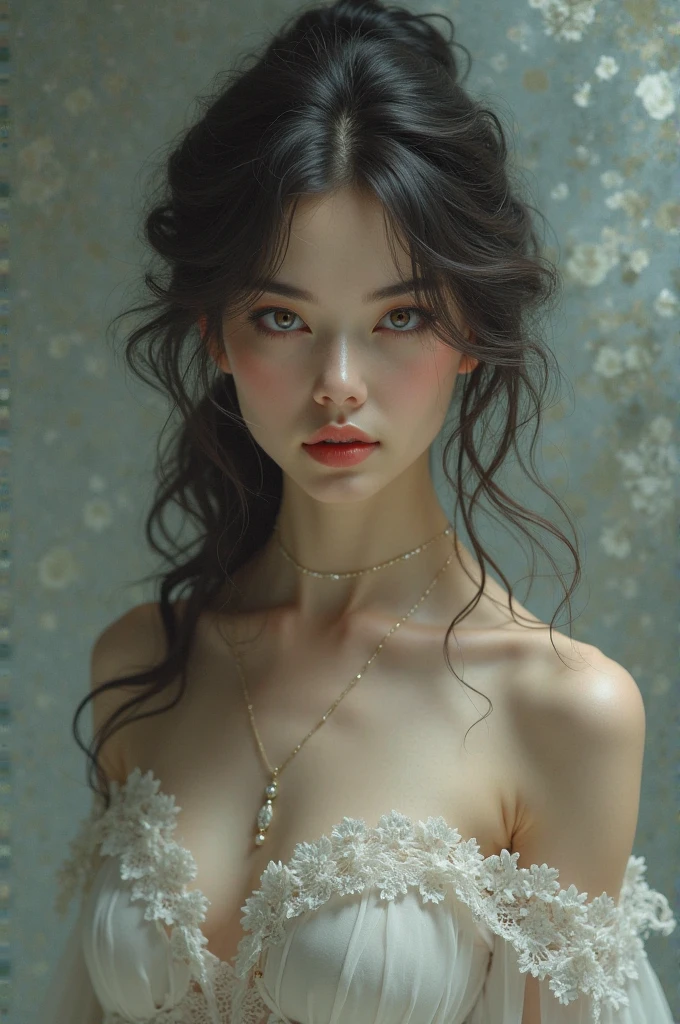 (Absurd, High resolution, Very detailed), 1 female, Iris, Brown Hair, Scholarly temperament, All-black formal wear, Victorian costume, Black elegant, (Cold Beauty: 1.2), Cat-like temperament, Adult, good looking, Thin woman, Shapely breasts, Beautiful eyes and detailed features, Soft skin texture, Soft and sexy lips, Symbolism, visual art, occult, universal, Visual projection, philosophy, Iconography, Number secrets, pop, art, 