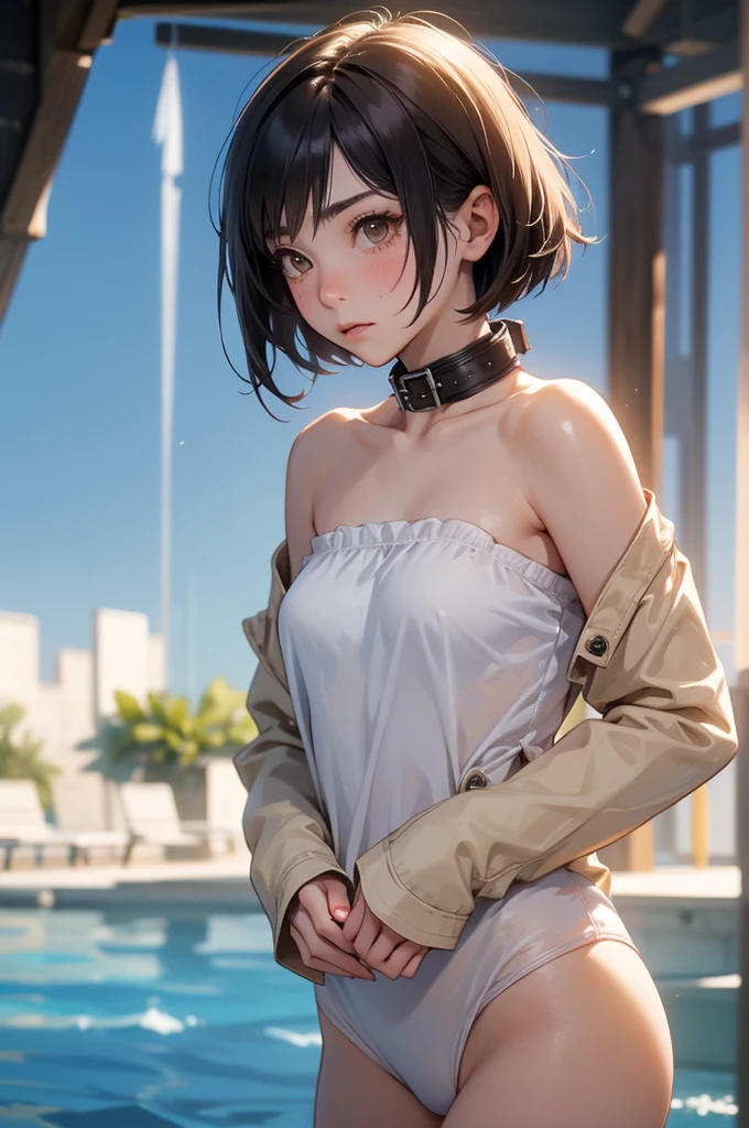 18 yo slim chinese woman wading in pool, waist deep, wet clothes, soaked, open leather jacket, long leather pants, wet skin, wet hair, clear sunny day, shadows, tranquil, soaked in oil, dripping oil, dripping water, running water, high resolution, best quality, sexy, wet short hair, 8k, wet, jewelry, nsfw, small breasts, looking at viewer, smile, varied poses